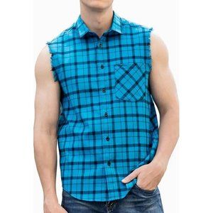 LOGEEYAR Men's Sleeveless Shirt Blue Plaid Flannel Shirt Button Down Size XL